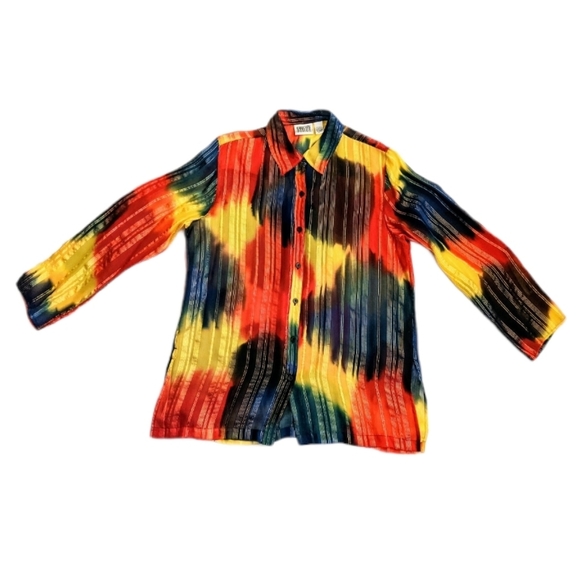 Vintage Chico's Silk Rainbow Metallic Tie Dye Button Down Shirt - Picture 2 of 4
